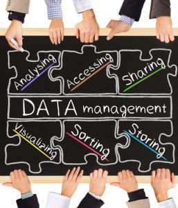 Photo of business hands holding blackboard and writing DATA management diagram