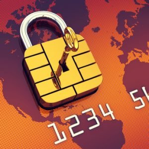 Credit card security chip as padlock , Safe online banking